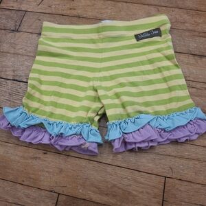 Matilda Jane Lime and Yellow Striped Shorts with Blue and Purple Ruffles